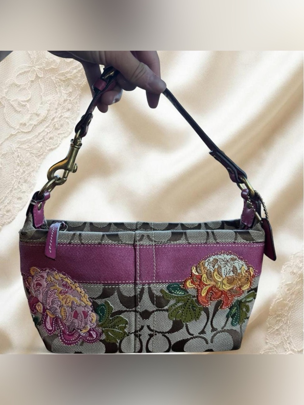 Coach Pink Signature Canvas Shoulder Bag with Floral Appliqué
